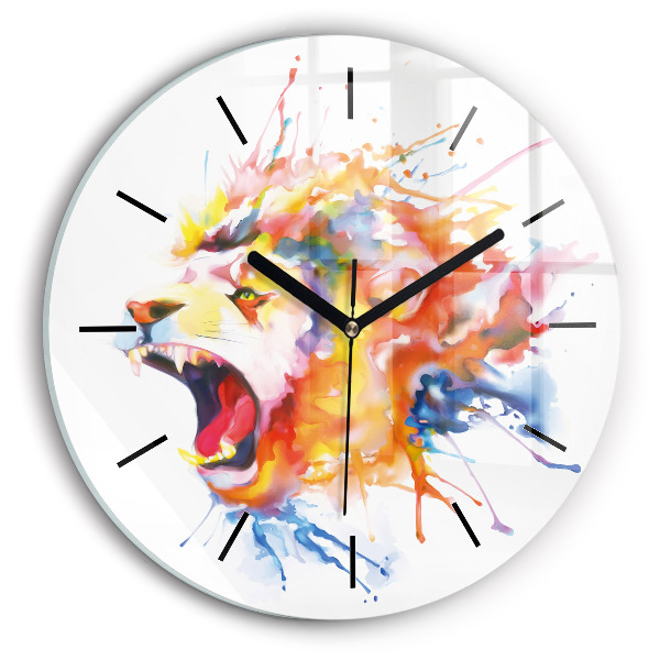 Round glass wall clock Lion - watercolor