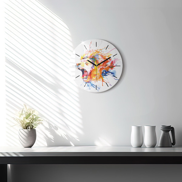 Round glass wall clock Lion - watercolor