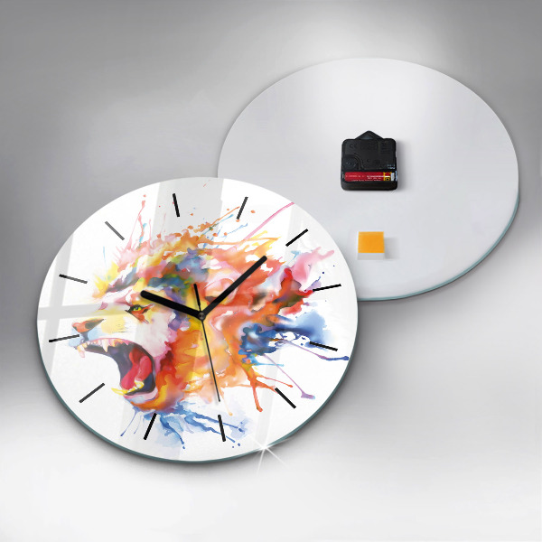 Round glass wall clock Lion - watercolor