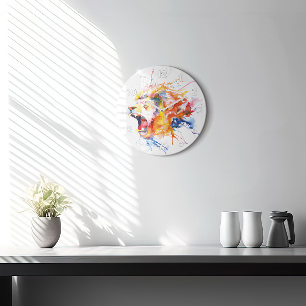 Round glass wall clock Lion - watercolor