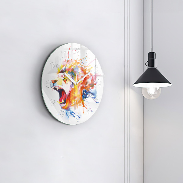 Round glass wall clock Lion - watercolor