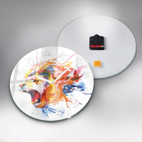 Round glass wall clock Lion - watercolor