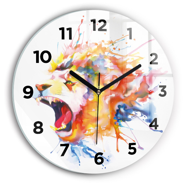 Round glass wall clock Lion - watercolor