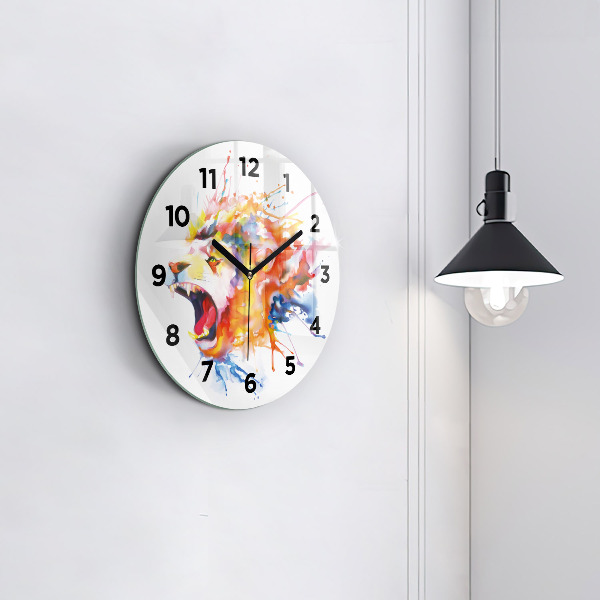 Round glass wall clock Lion - watercolor