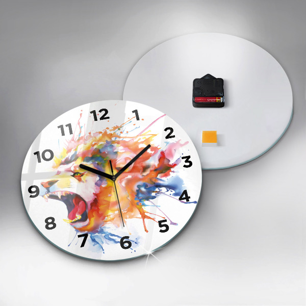 Round glass wall clock Lion - watercolor