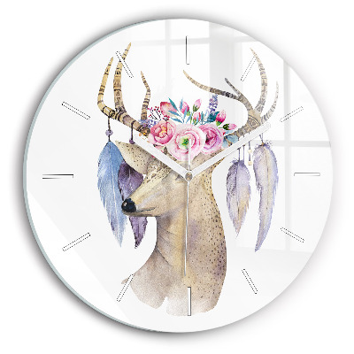 Round glass wall clock Deer head and flowers