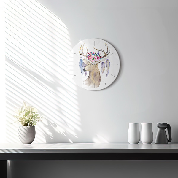 Round glass wall clock Deer head and flowers