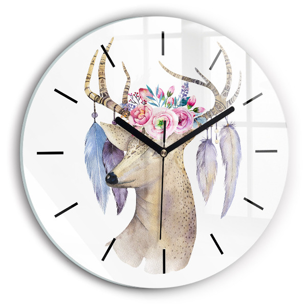 Round glass wall clock Deer head and flowers