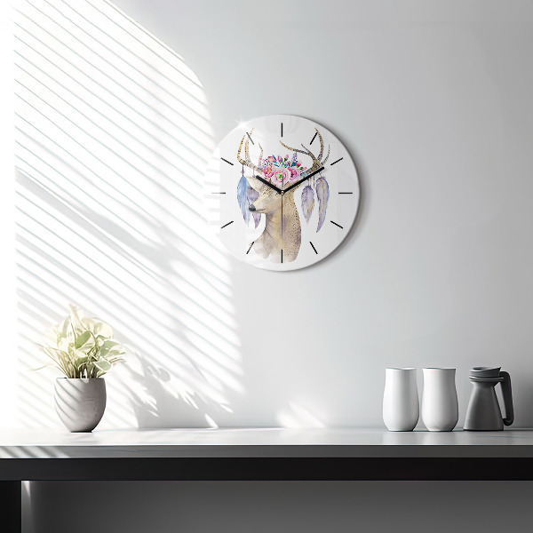 Round glass wall clock Deer head and flowers