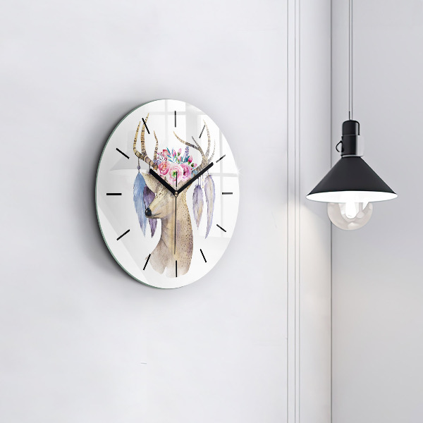 Round glass wall clock Deer head and flowers