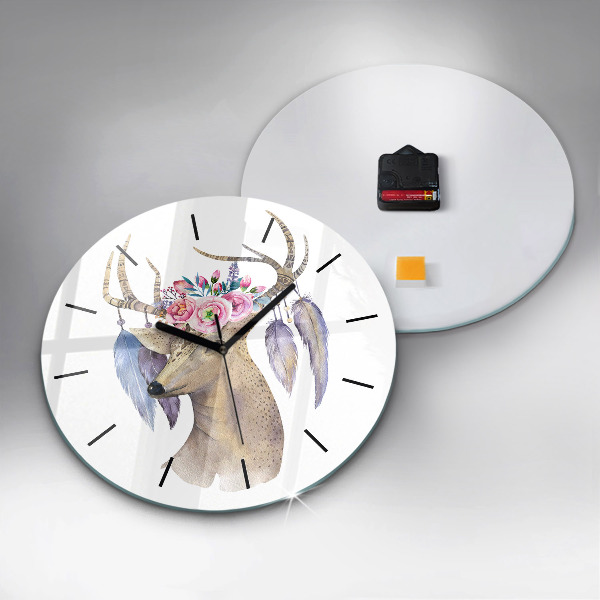 Round glass wall clock Deer head and flowers