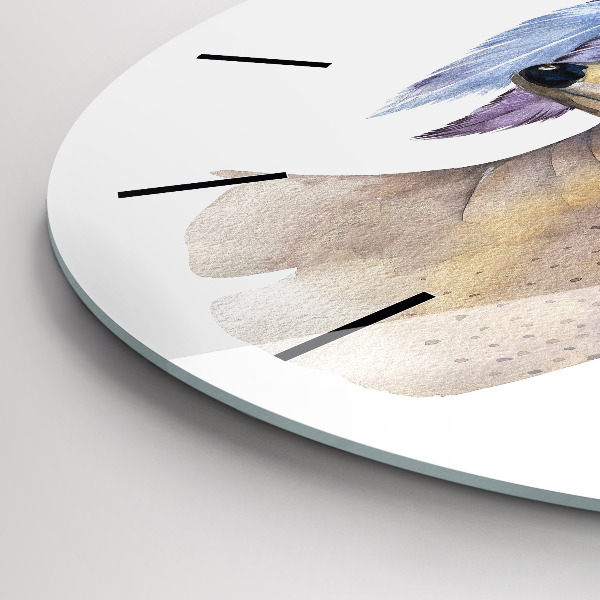 Round glass wall clock Deer head and flowers