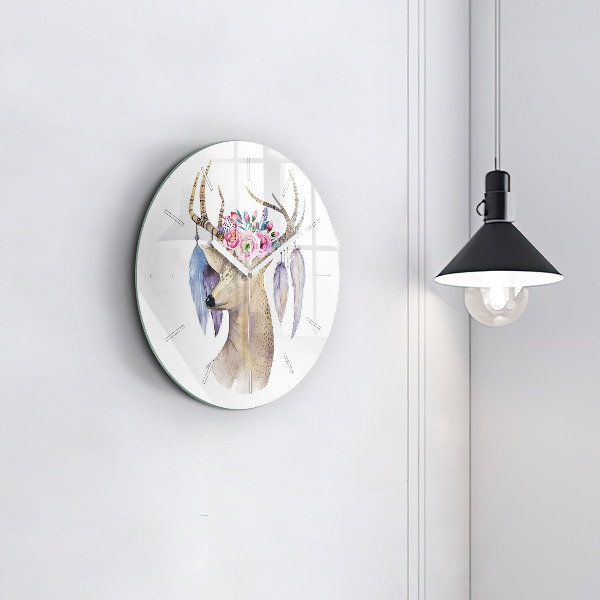 Round glass wall clock Deer head and flowers