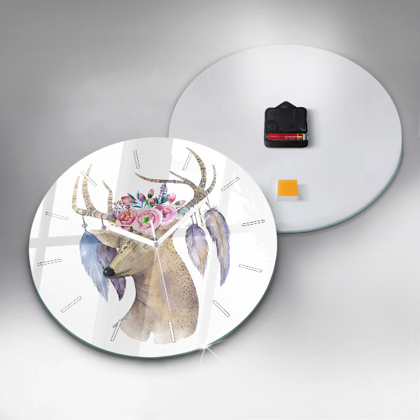 Round glass wall clock Deer head and flowers