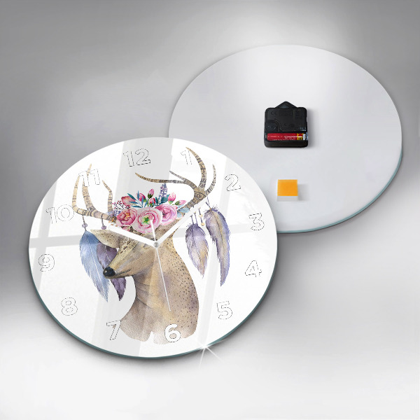 Round glass wall clock Deer head and flowers
