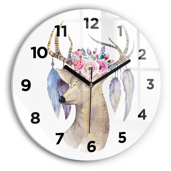 Round glass wall clock Deer head and flowers