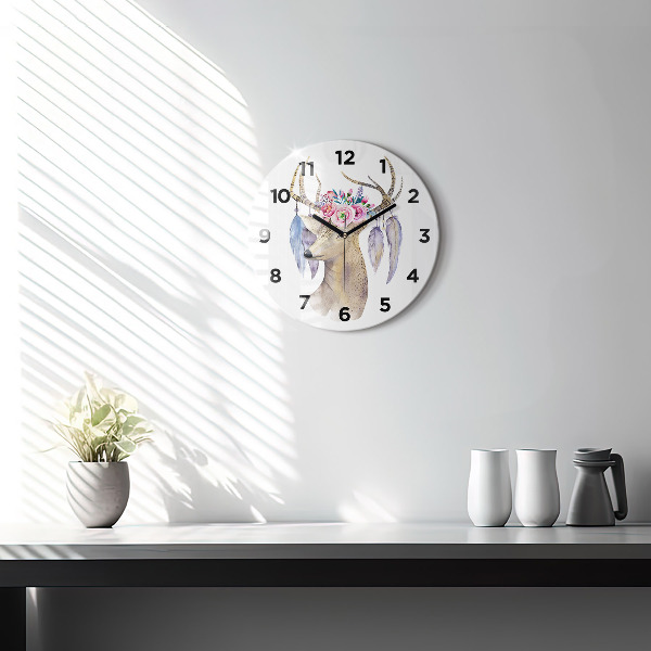 Round glass wall clock Deer head and flowers