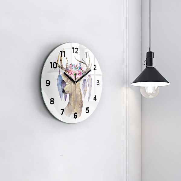 Round glass wall clock Deer head and flowers