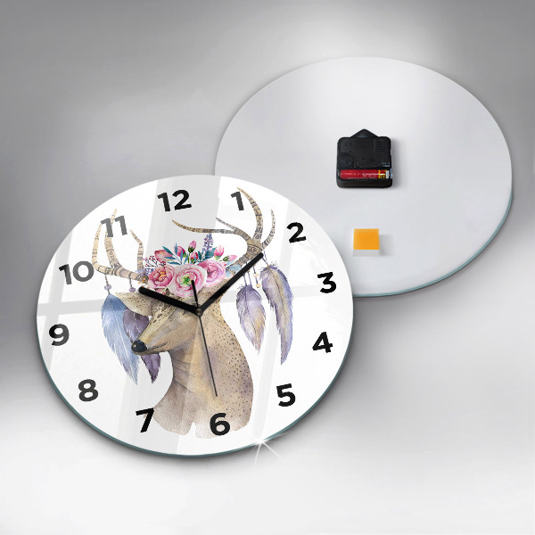 Round glass wall clock Deer head and flowers