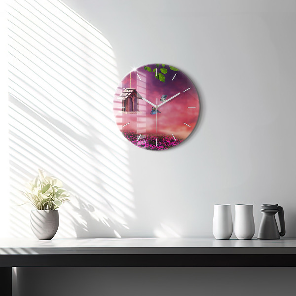 Round glass wall clock Birdhouse