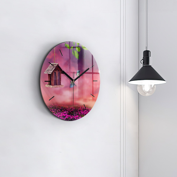 Round glass wall clock Birdhouse