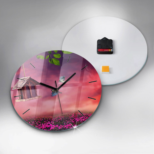 Round glass wall clock Birdhouse