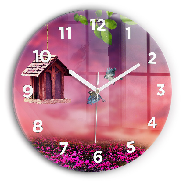 Round glass wall clock Birdhouse