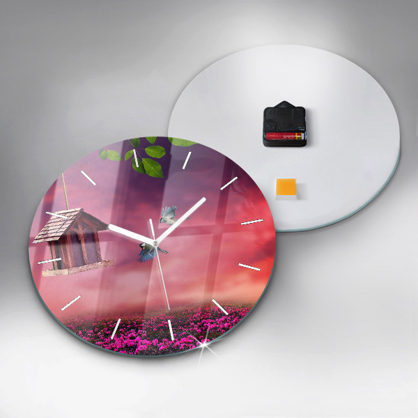 Round glass wall clock Birdhouse