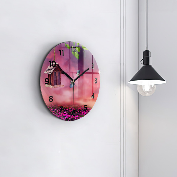 Round glass wall clock Birdhouse