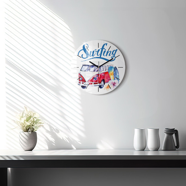 Round glass wall clock Car and Surfing sign