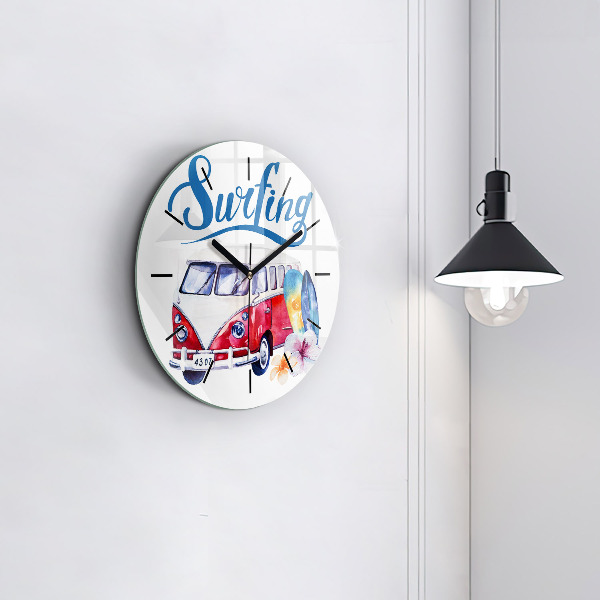 Round glass wall clock Car and Surfing sign