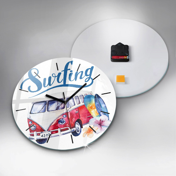 Round glass wall clock Car and Surfing sign