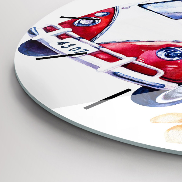 Round glass wall clock Car and Surfing sign