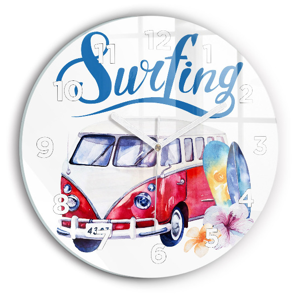 Round glass wall clock Car and Surfing sign