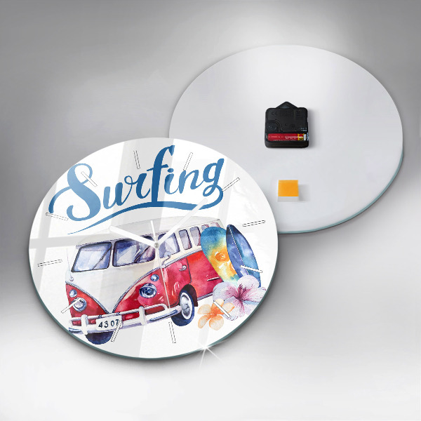 Round glass wall clock Car and Surfing sign