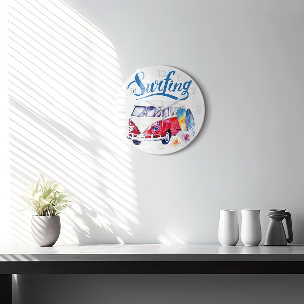 Round glass wall clock Car and Surfing sign