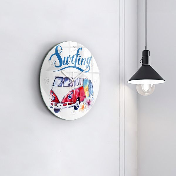 Round glass wall clock Car and Surfing sign