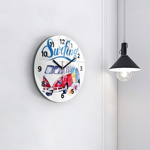 Round glass wall clock Car and Surfing sign