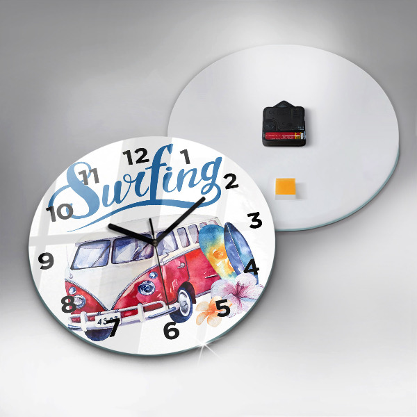 Round glass wall clock Car and Surfing sign