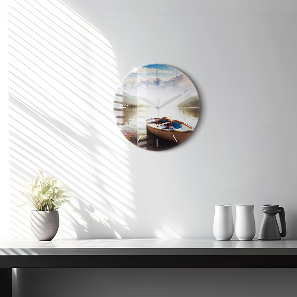 Round glass wall clock Lake view
