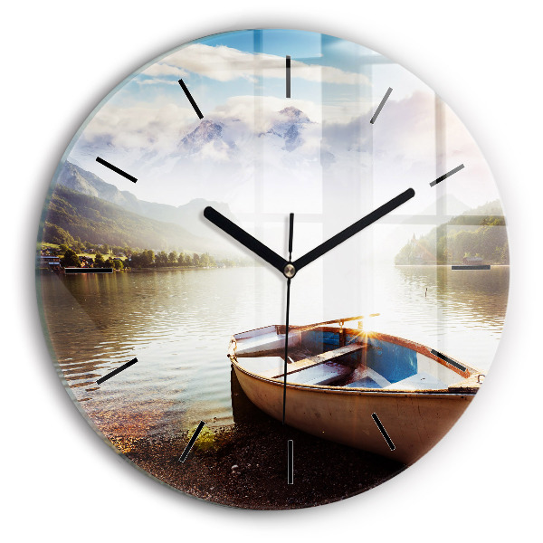 Round glass wall clock Lake view