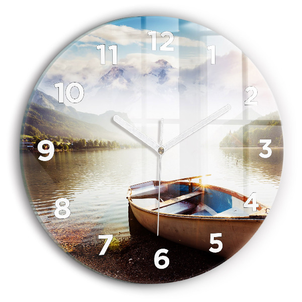 Round glass wall clock Lake view