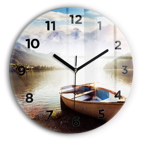 Round glass wall clock Lake view