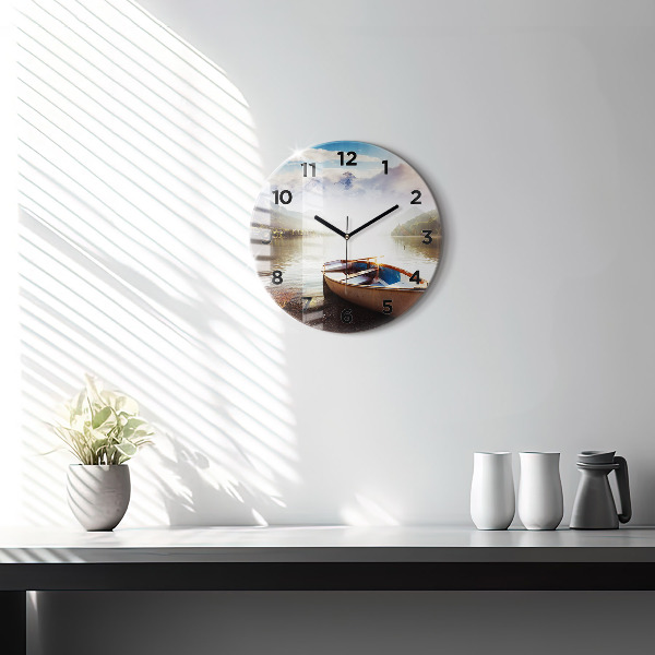 Round glass wall clock Lake view