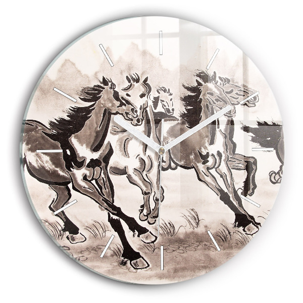 Round glass wall clock Galloping horses