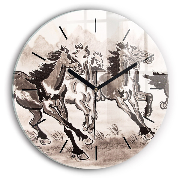 Round glass wall clock Galloping horses