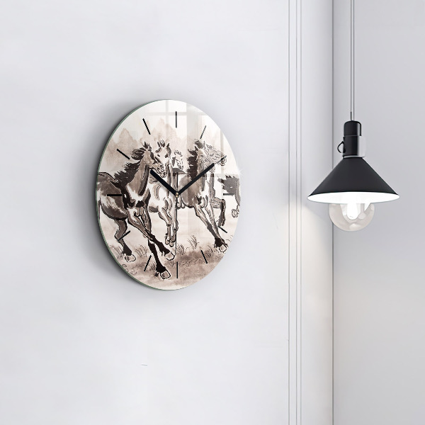 Round glass wall clock Galloping horses