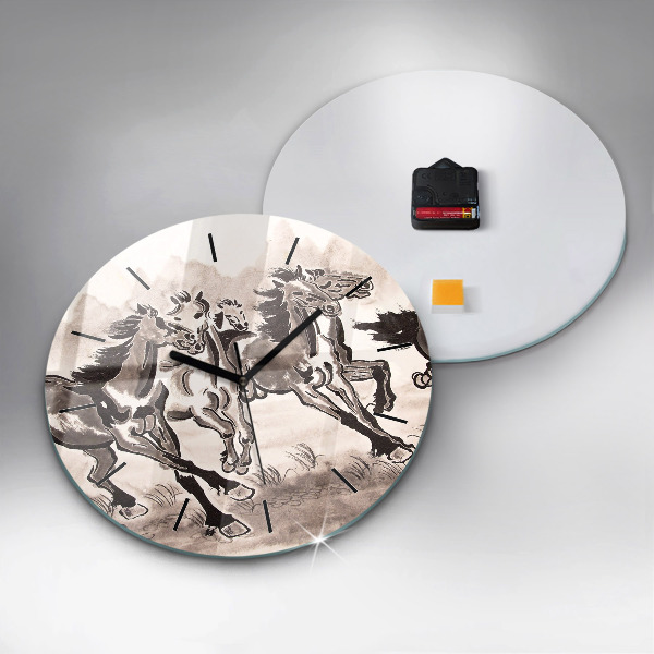 Round glass wall clock Galloping horses