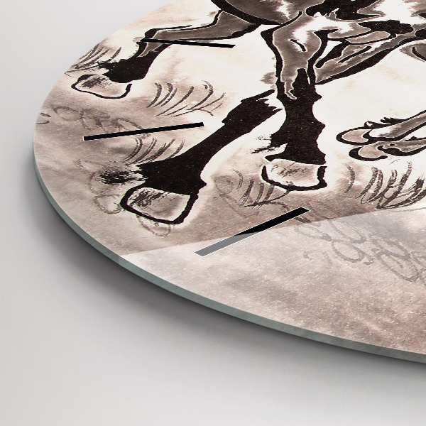 Round glass wall clock Galloping horses