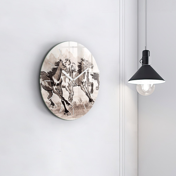 Round glass wall clock Galloping horses